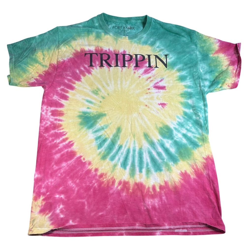 Fort Knox Trippin Tie Dye Graphic T-Shirt Mens XL Pink Green Yellow Spiral Tee
